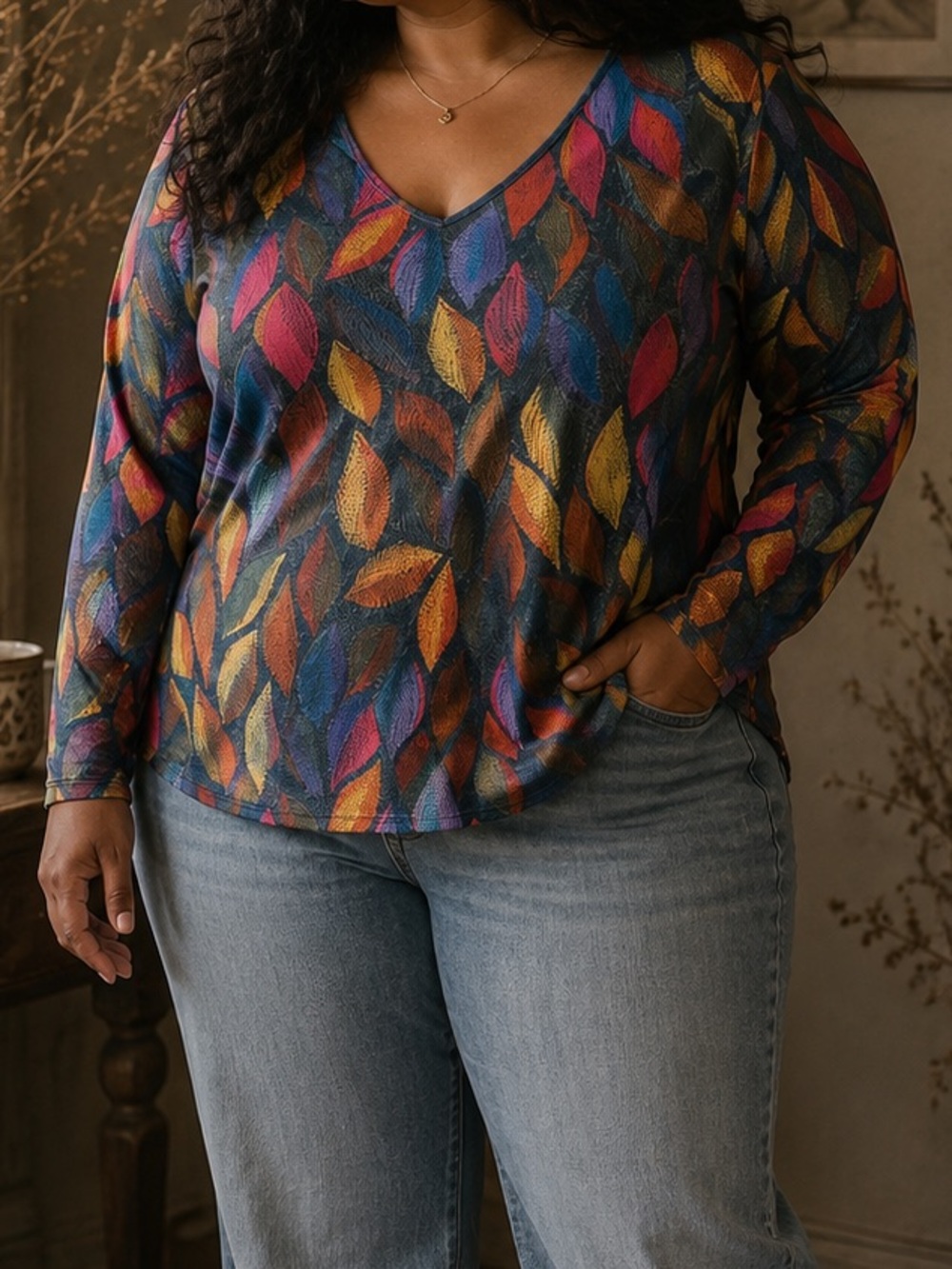 MISSLOOK Multicolor Leaf-Print V-Neck Long Sleeve Top